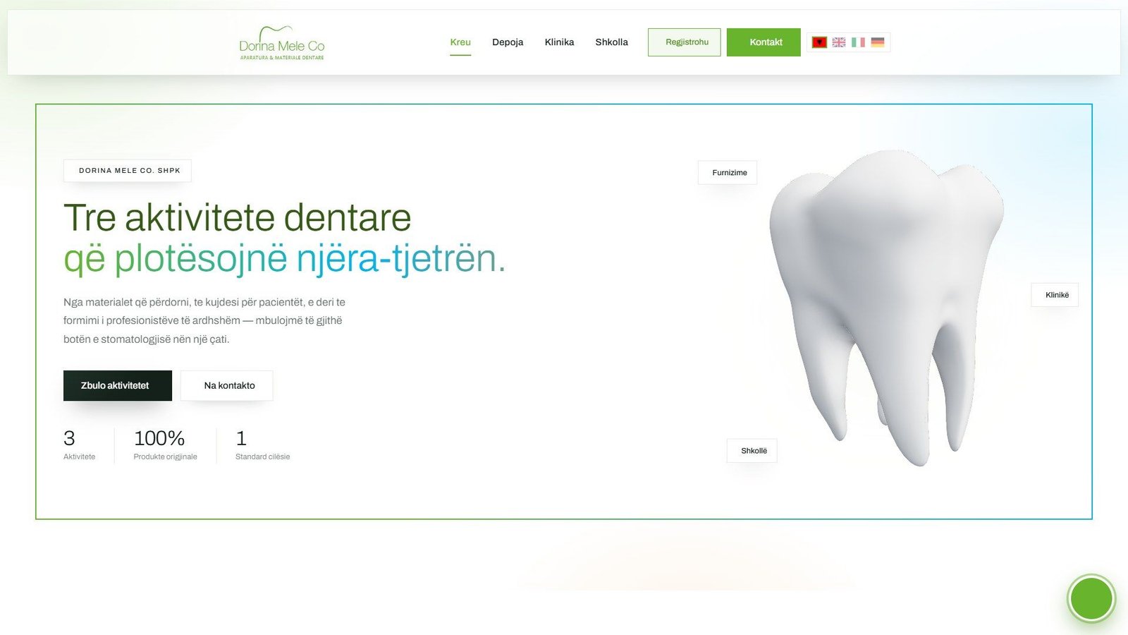 Dorina Mele Co. homepage with the 3D tooth and the headline about three dental activities