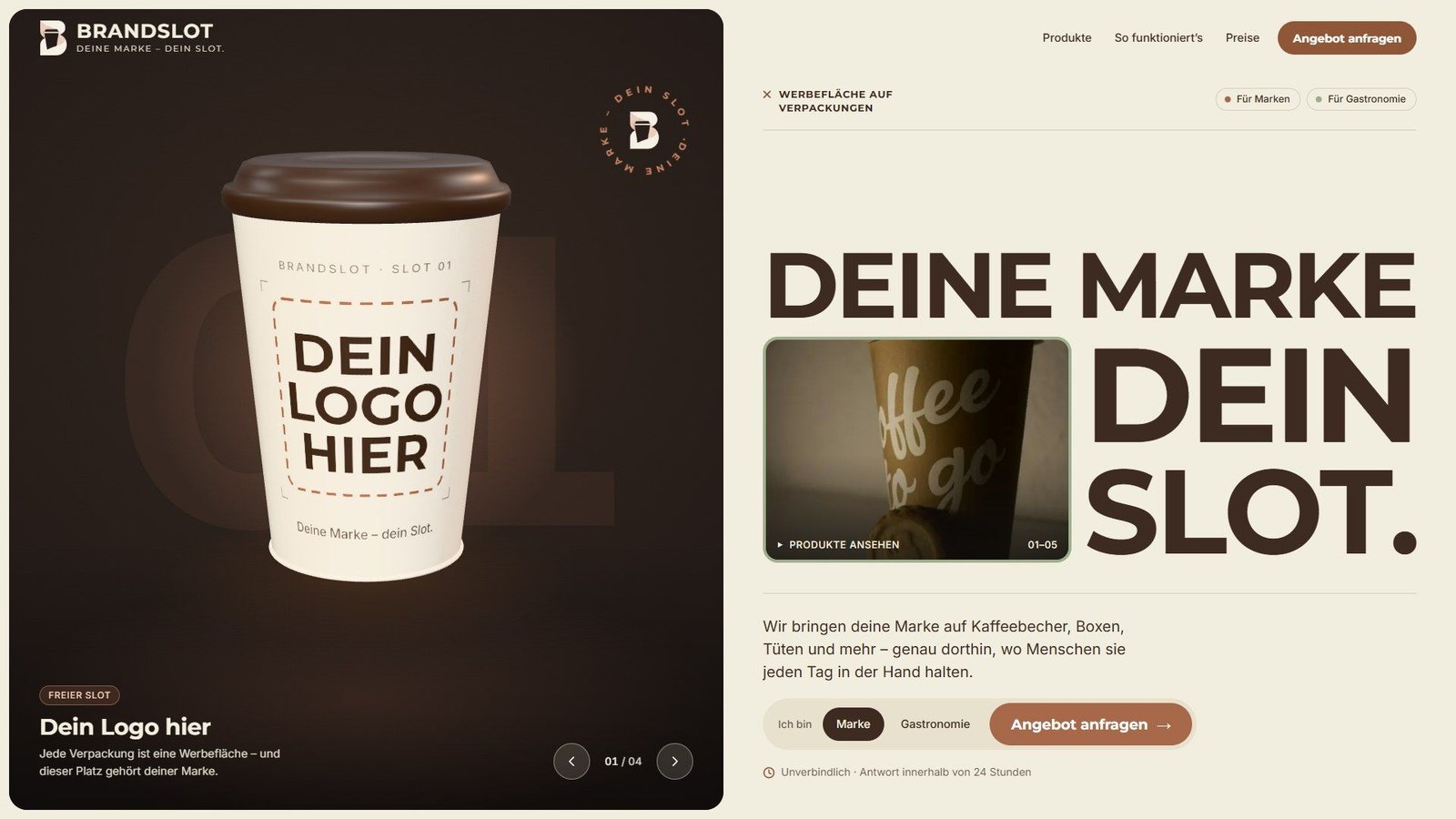 Startseite von BrandSlot mit einem Kaffeebecher „Dein Logo hier“ und der Überschrift „Deine Marke, dein Slot“
